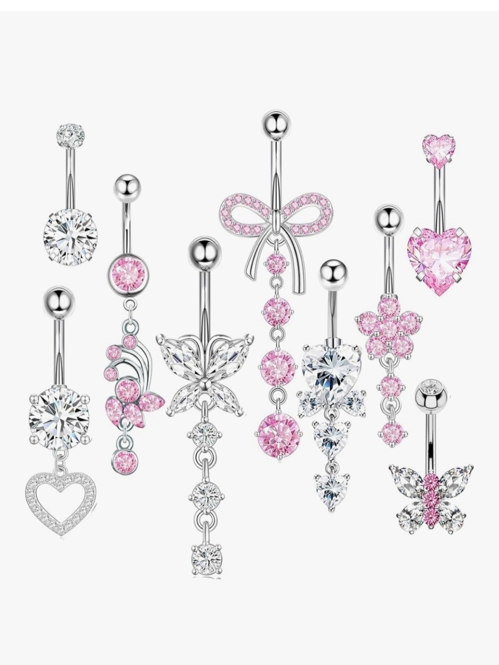Silver Women’s Belly Button Rings with Pink and Clear Crystals